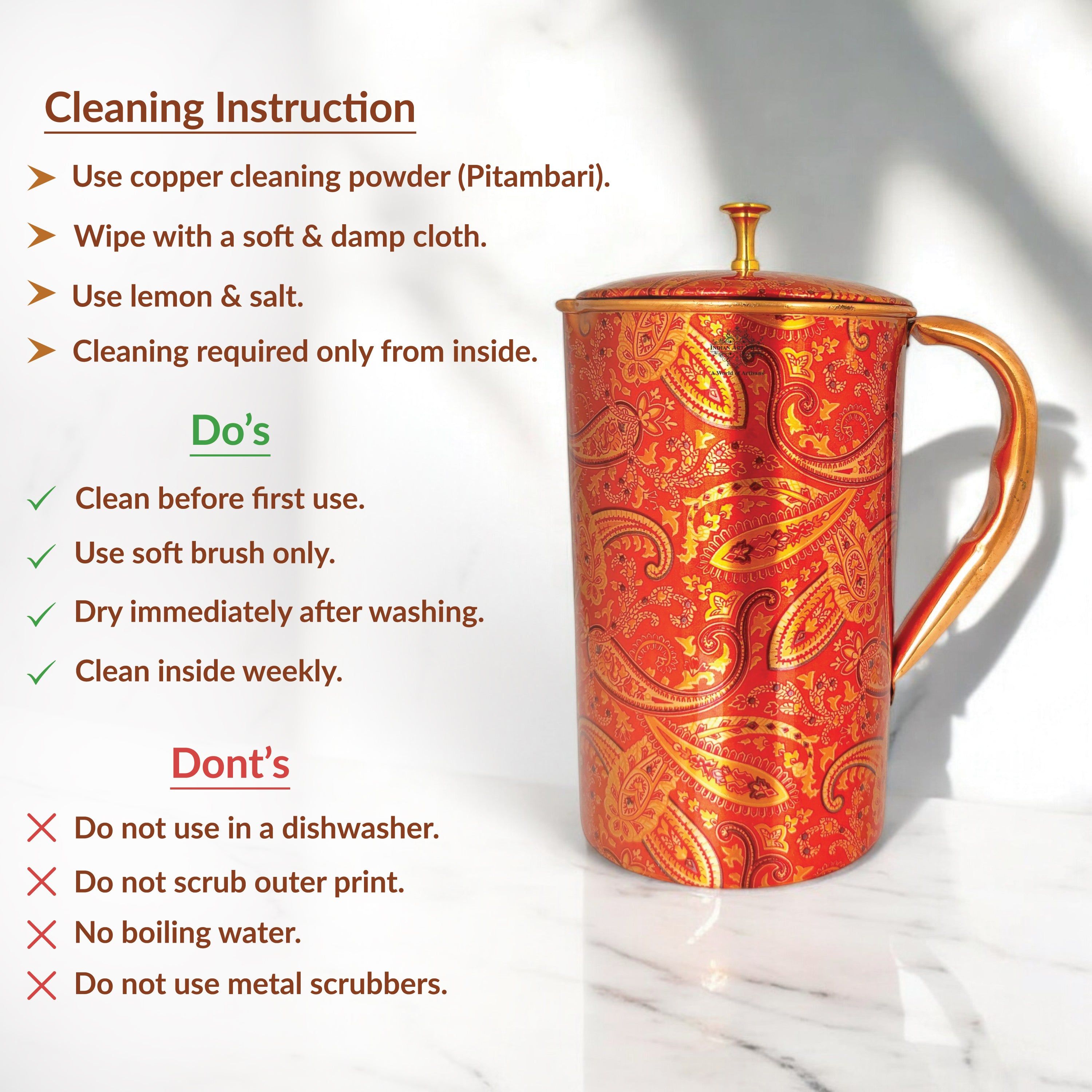 Pure copper paisley printed design jug with brass knob on lid medallion, 1500 ML